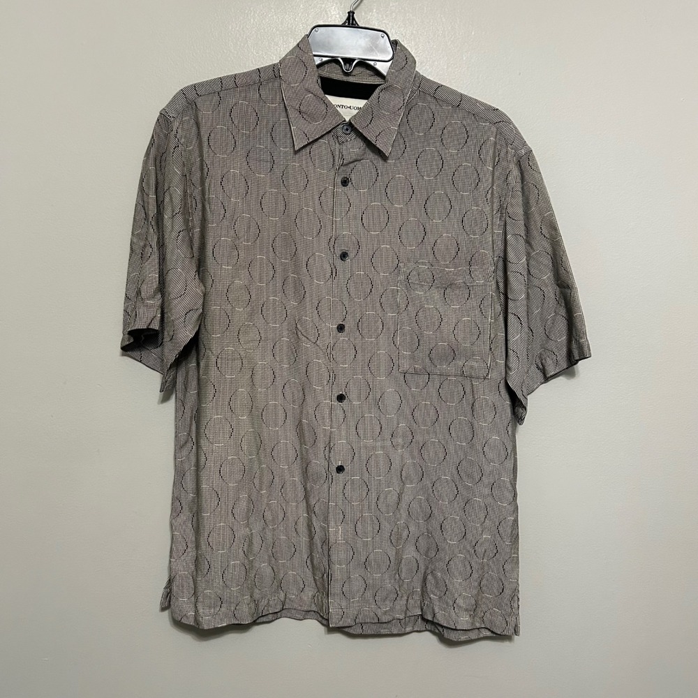 Pronto Uomo Men's 100% Silk Shirt Black Beige Short Sleeve Button Up Geometric